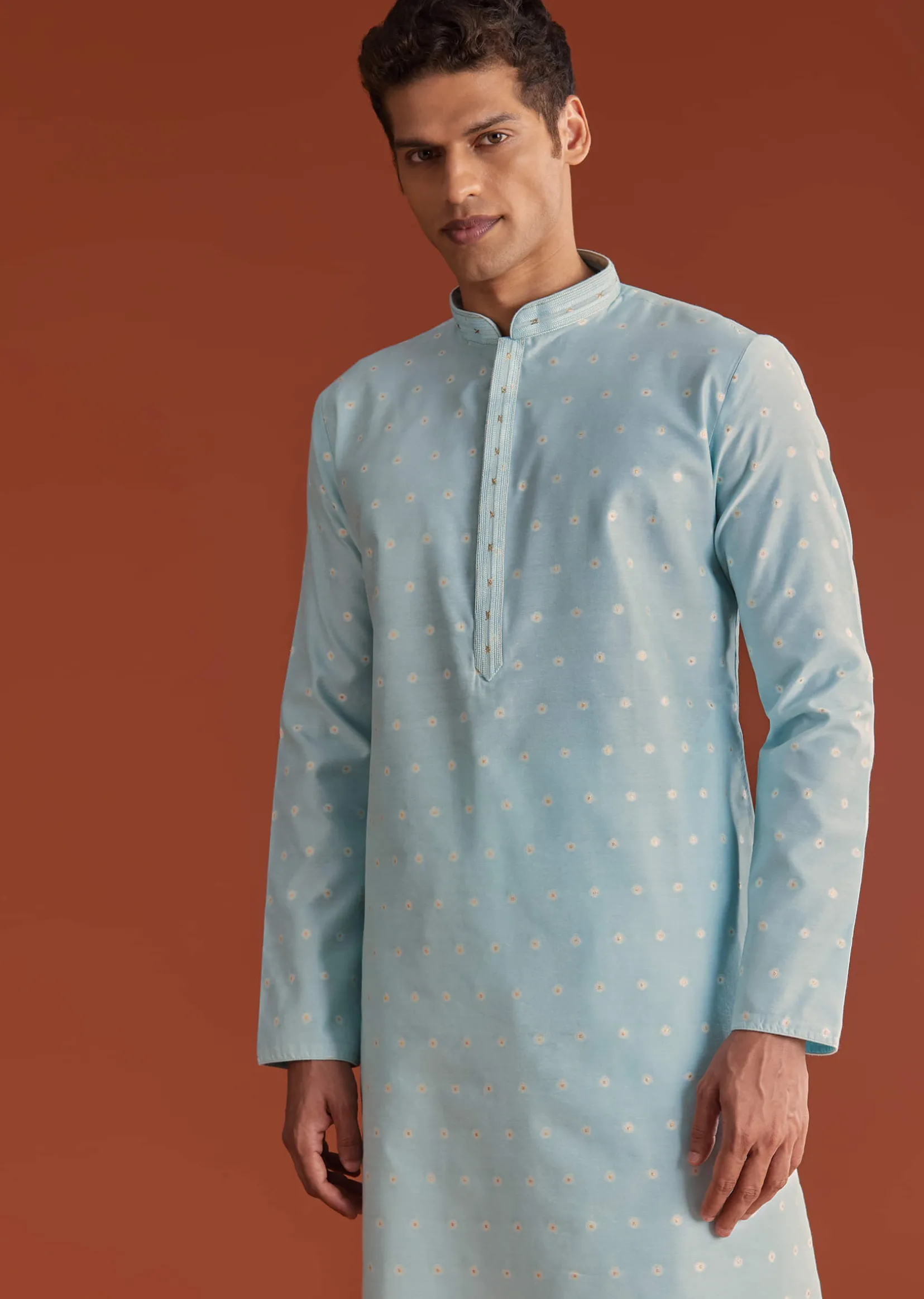 Blue Banaras Jacquard Kurta Set With Printed Design