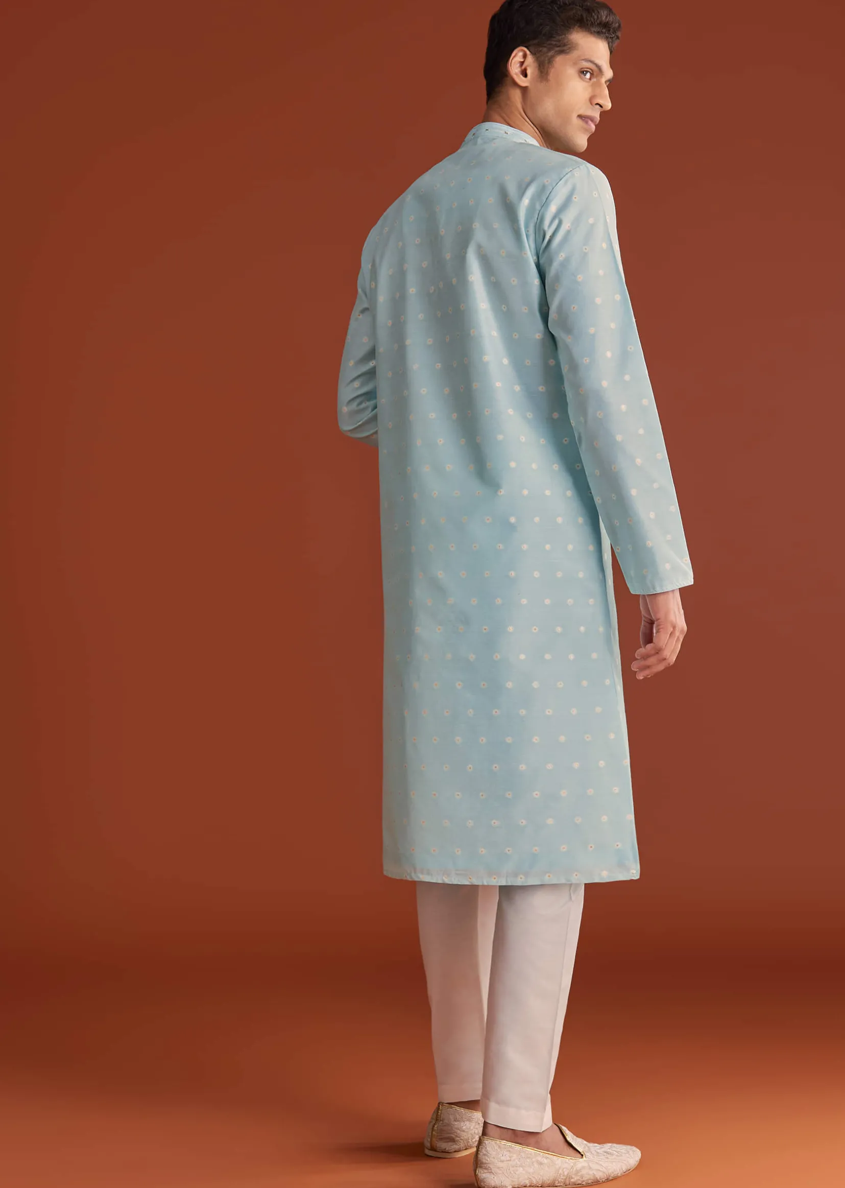 Blue Banaras Jacquard Kurta Set With Printed Design