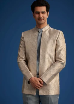 Blue Banarasi Silk Jodhpuri Suit With Pin Tuck Double Collar