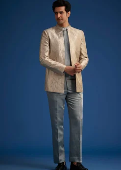 Blue Banarasi Silk Jodhpuri Suit With Pin Tuck Double Collar