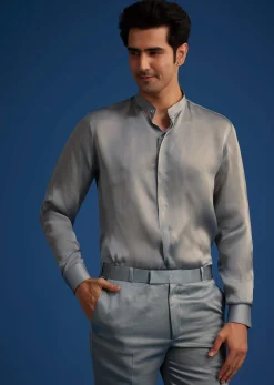 Blue Banarasi Silk Jodhpuri Suit With Pin Tuck Double Collar