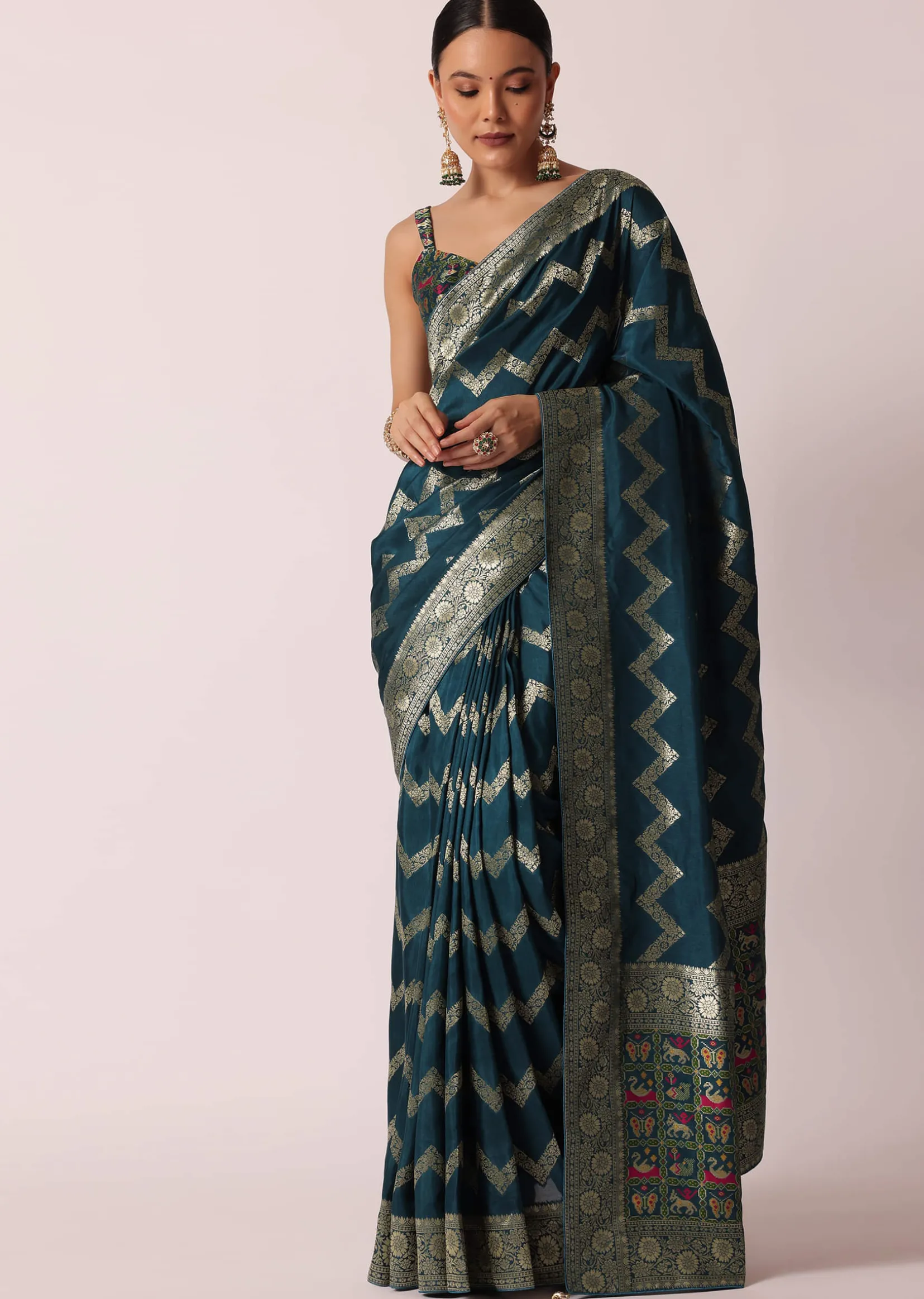 Blue Banarasi Silk Saree With Meenakari Work And Unstitched Blouse Piece