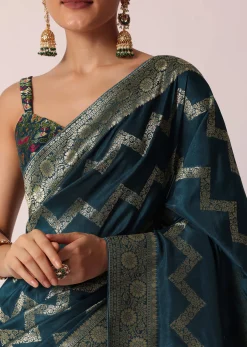 Blue Banarasi Silk Saree With Meenakari Work And Unstitched Blouse Piece
