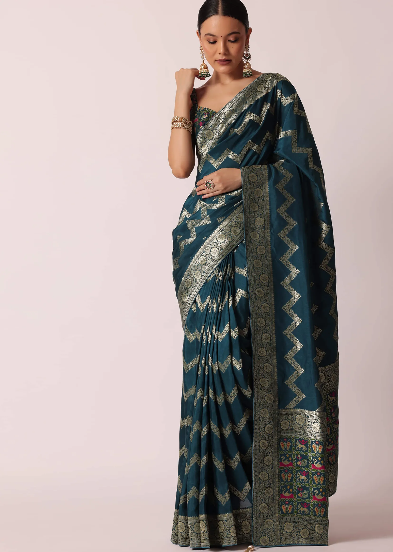 Blue Banarasi Silk Saree With Meenakari Work And Unstitched Blouse Piece