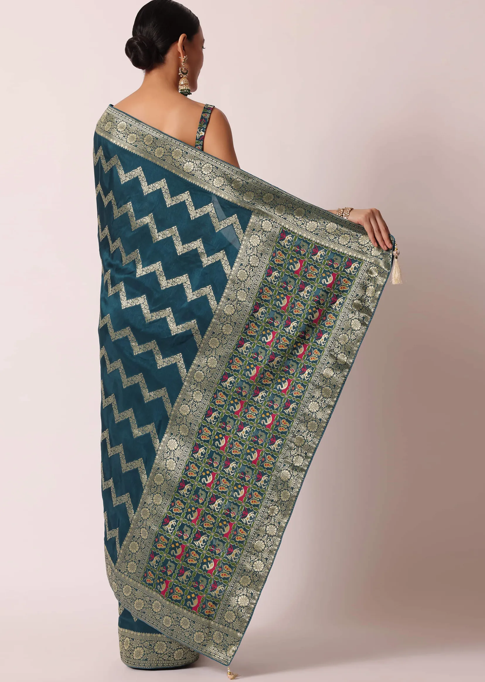Blue Banarasi Silk Saree With Meenakari Work And Unstitched Blouse Piece