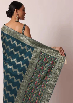 Blue Banarasi Silk Saree With Meenakari Work And Unstitched Blouse Piece