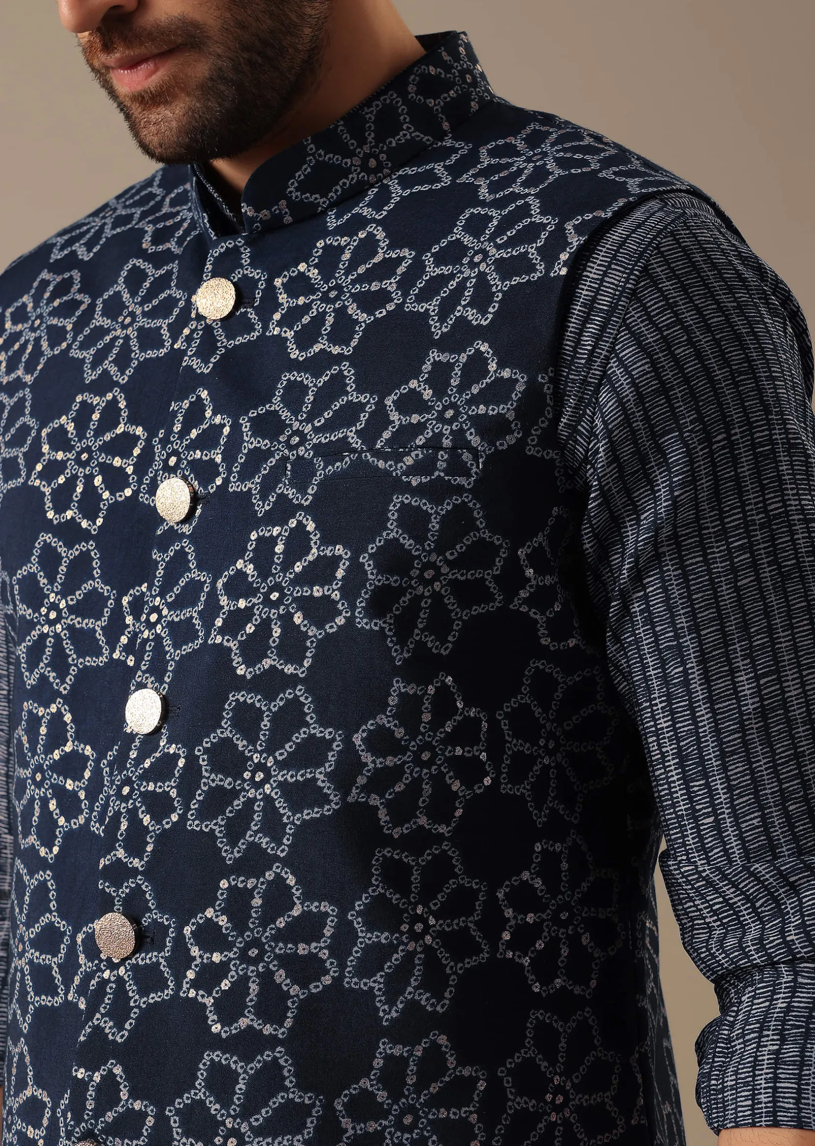 Blue Bandhani Print Bundi & Kurta Set in Silk