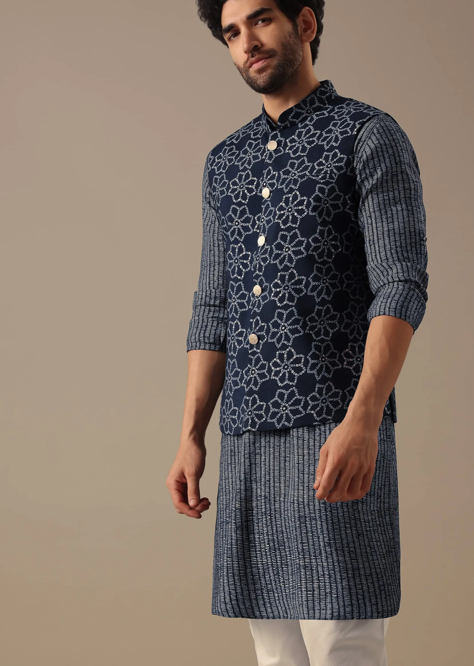 Blue Bandhani Print Bundi & Kurta Set in Silk