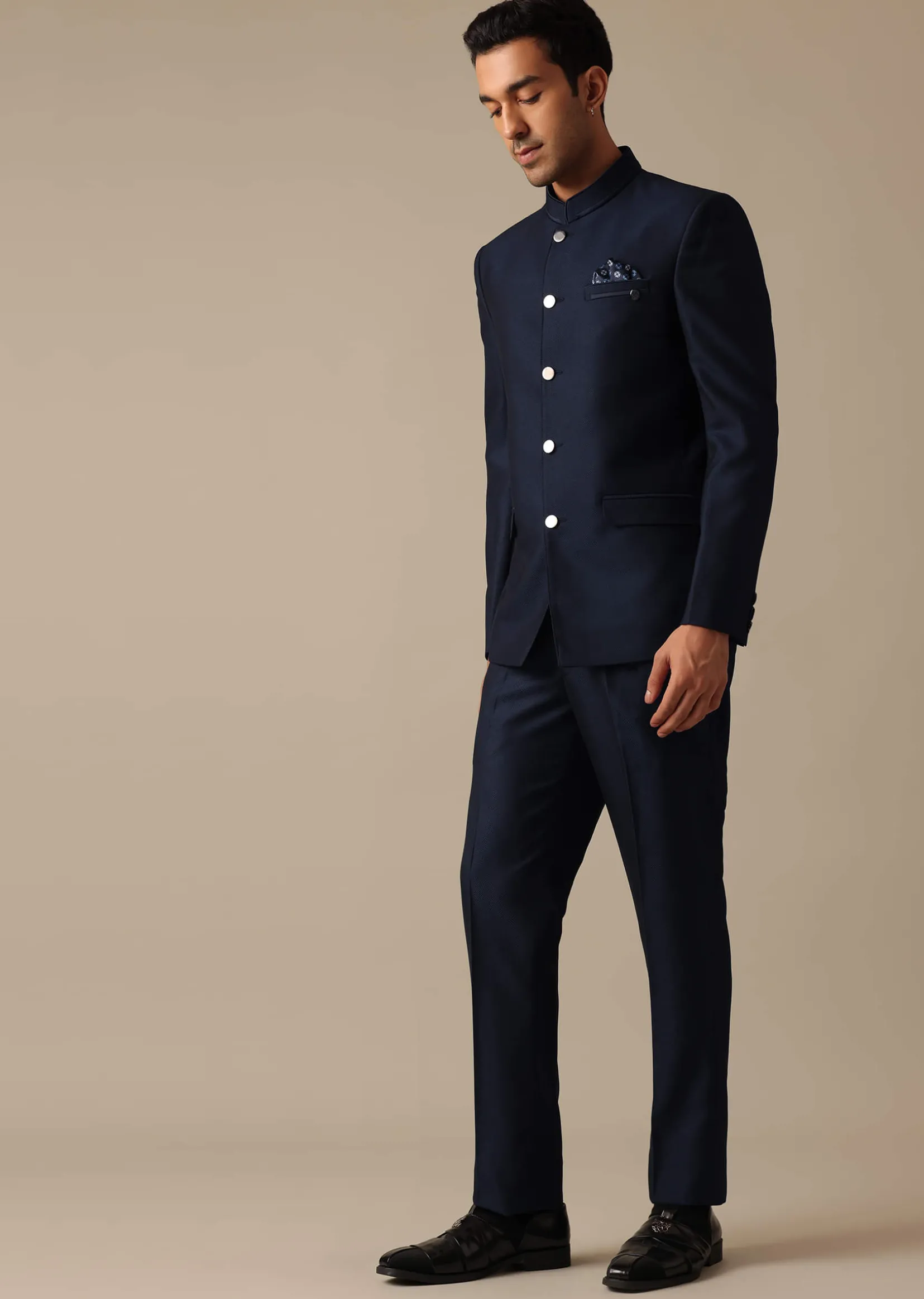 Blue Bandhgala Jodhpuri Suit In Terry Rayon