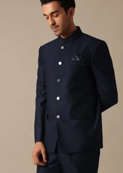 Blue Bandhgala Jodhpuri Suit In Terry Rayon