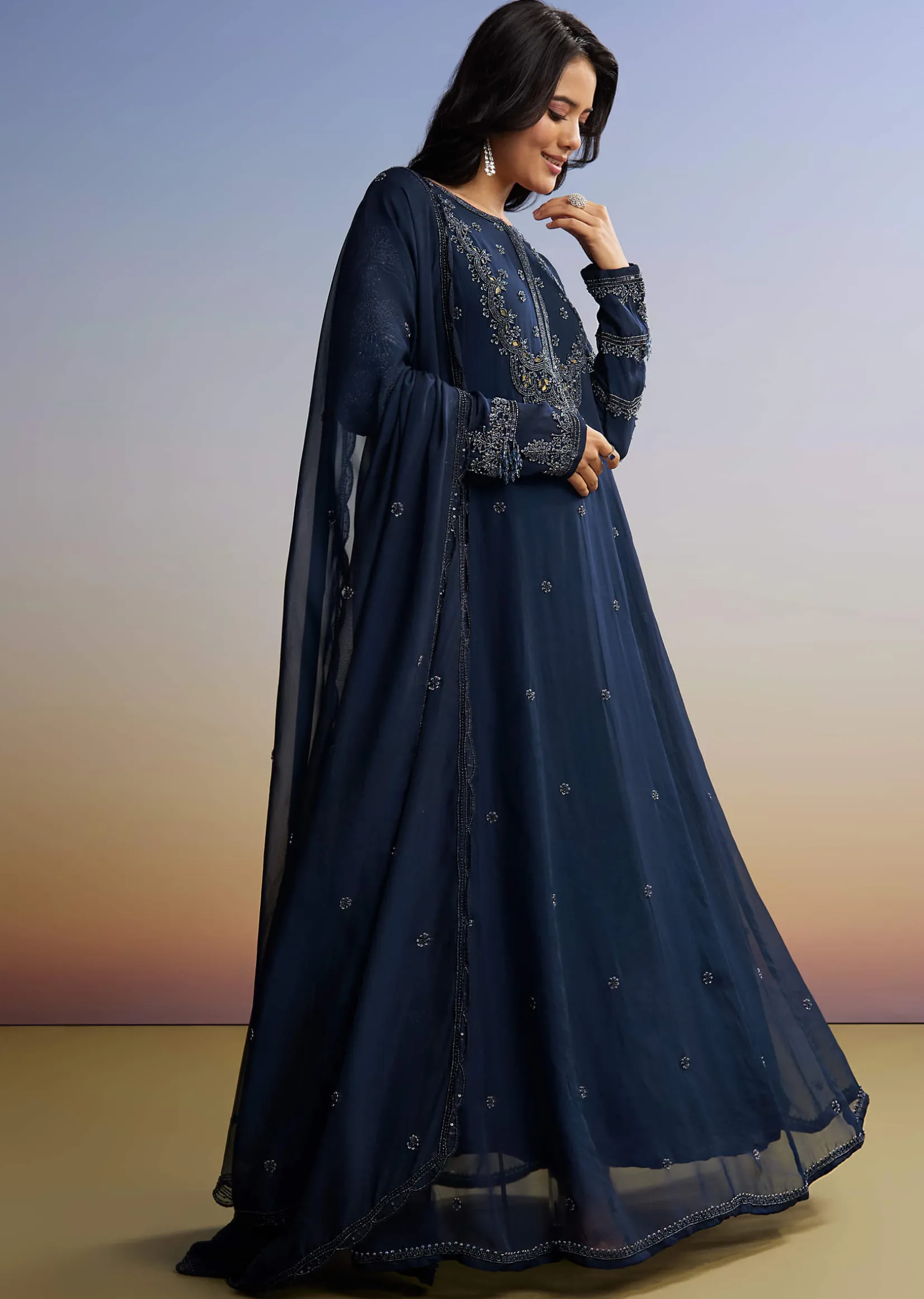 Blue Beaded Anarkali Set With Dupatta