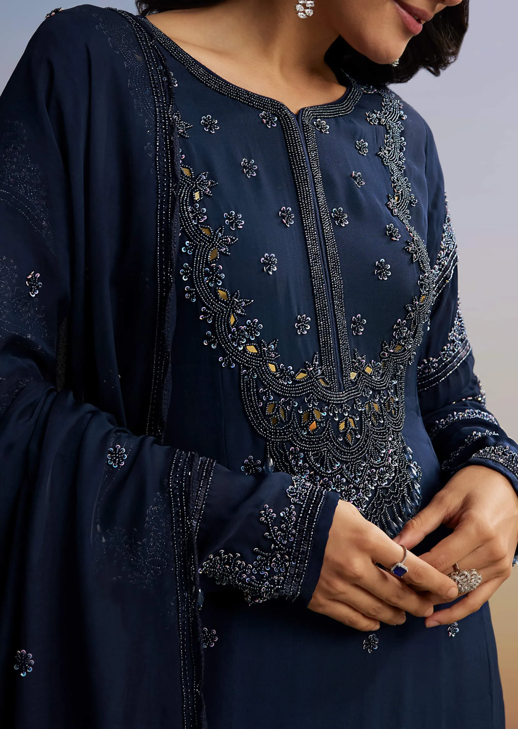 Blue Beaded Anarkali Set With Dupatta