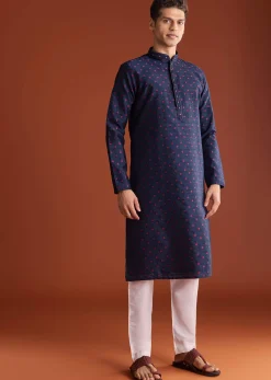 Blue Benaras Printed Jacquard Kurta Set