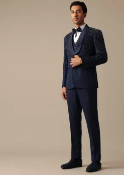 Blue Blazer And Pant Set In Terry Rayon With Cutwork Detail Tuxedo