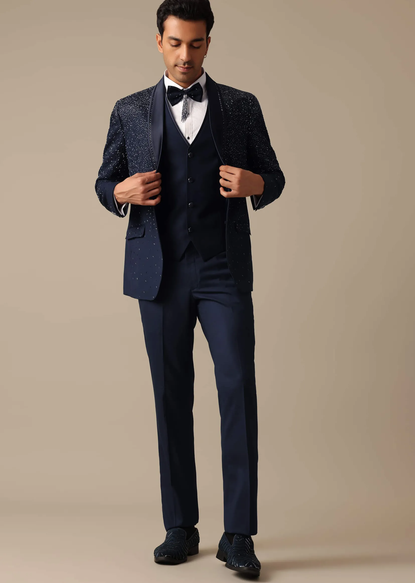 Blue Blazer And Pant Set In Terry Rayon With Cutwork Detail Tuxedo