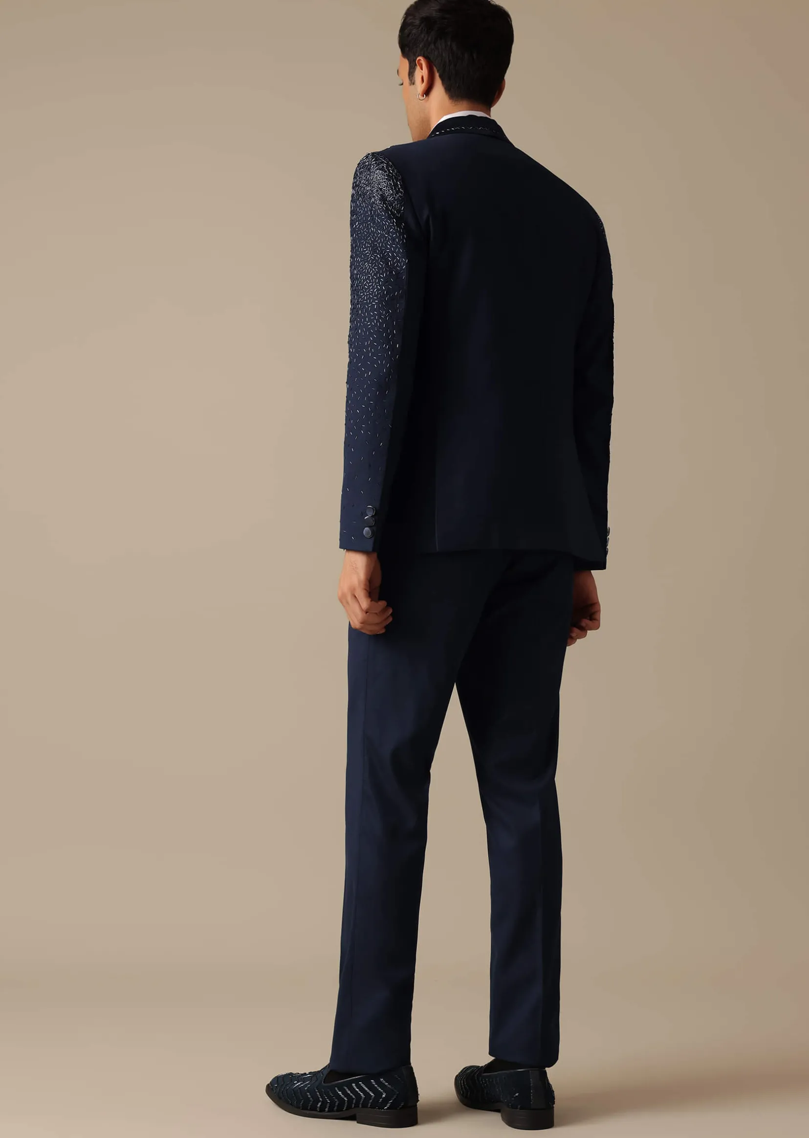 Blue Blazer And Pant Set In Terry Rayon With Cutwork Detail Tuxedo