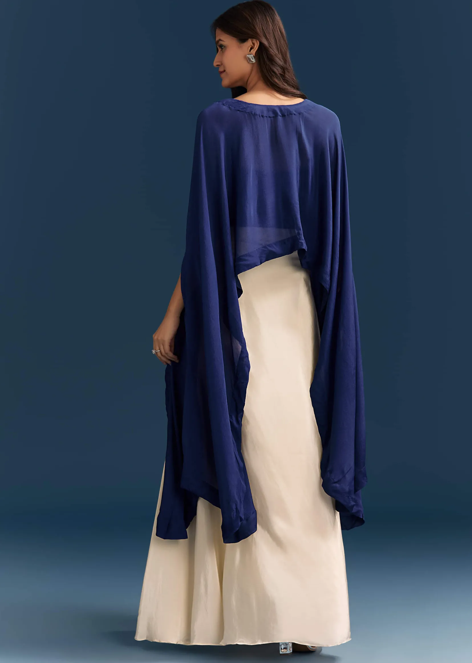 Blue Cape Crop Top Skirt With Moti And Cut Dana Work