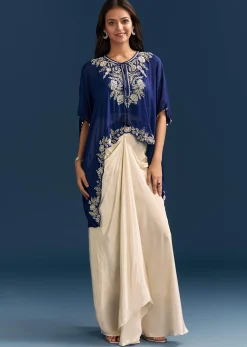 Blue Cape Crop Top Skirt Set With Embroidered Details