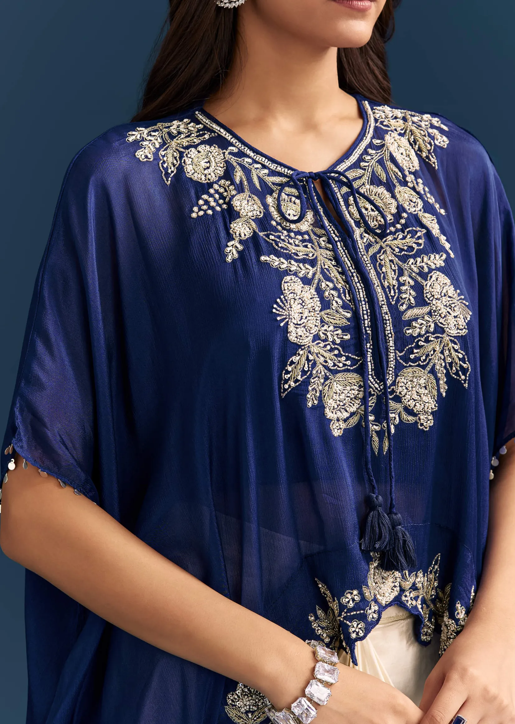 Blue Cape Crop Top Skirt Set With Embroidered Details