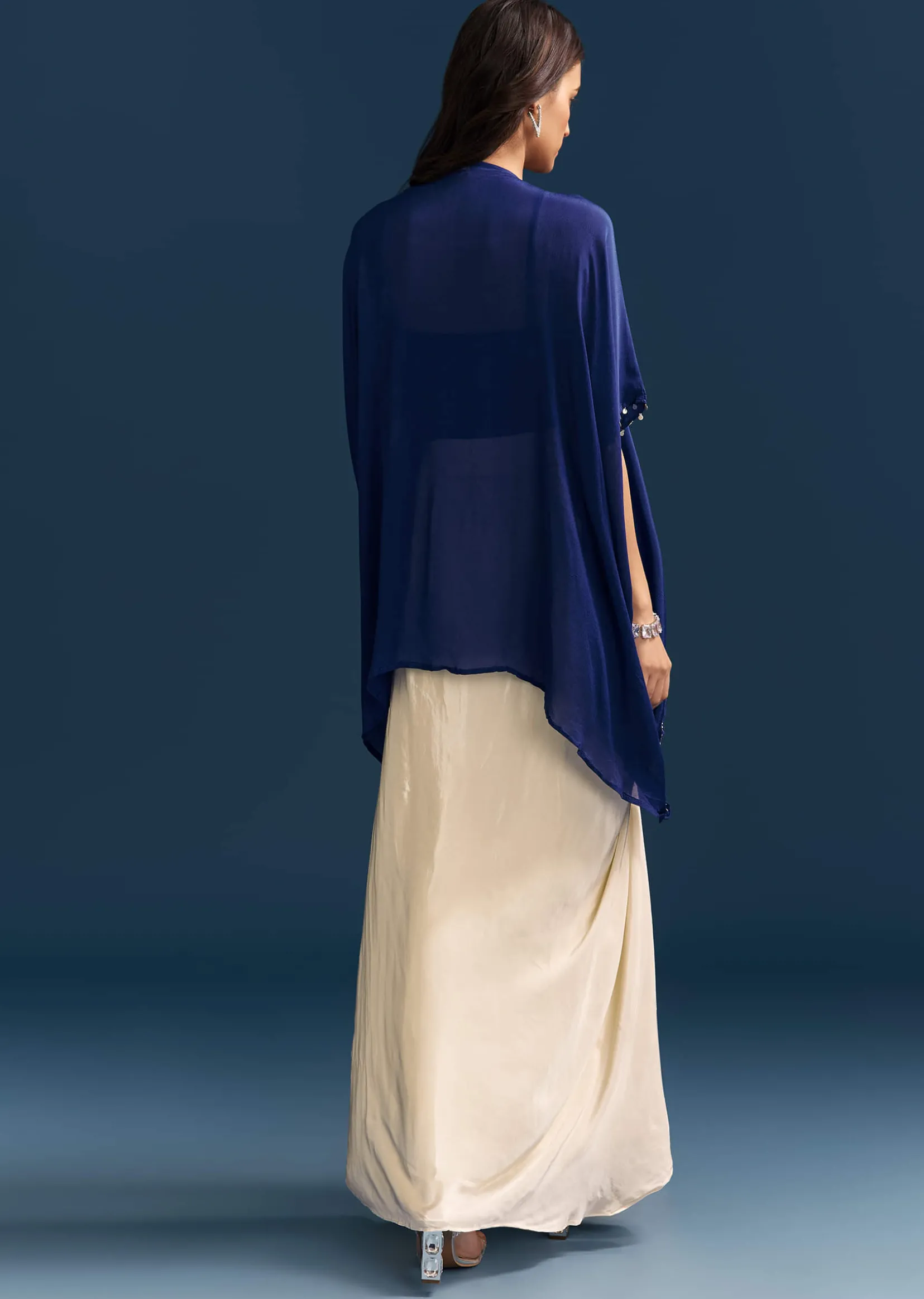 Blue Cape Crop Top Skirt Set With Embroidered Details