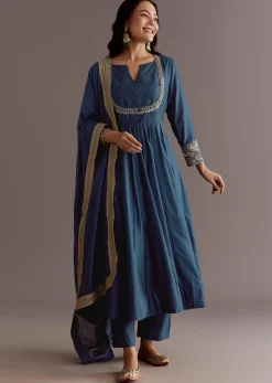 Blue Chanderi Anarkali Dupatta Suit With Gotta And Moti Detail