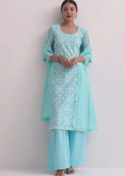 Blue Chanderi Patchwork Palazzo Set With Lace Trims