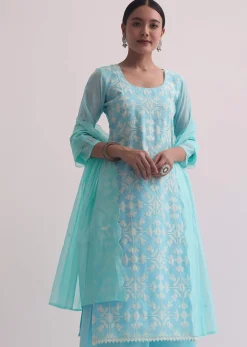 Blue Chanderi Patchwork Palazzo Set With Lace Trims