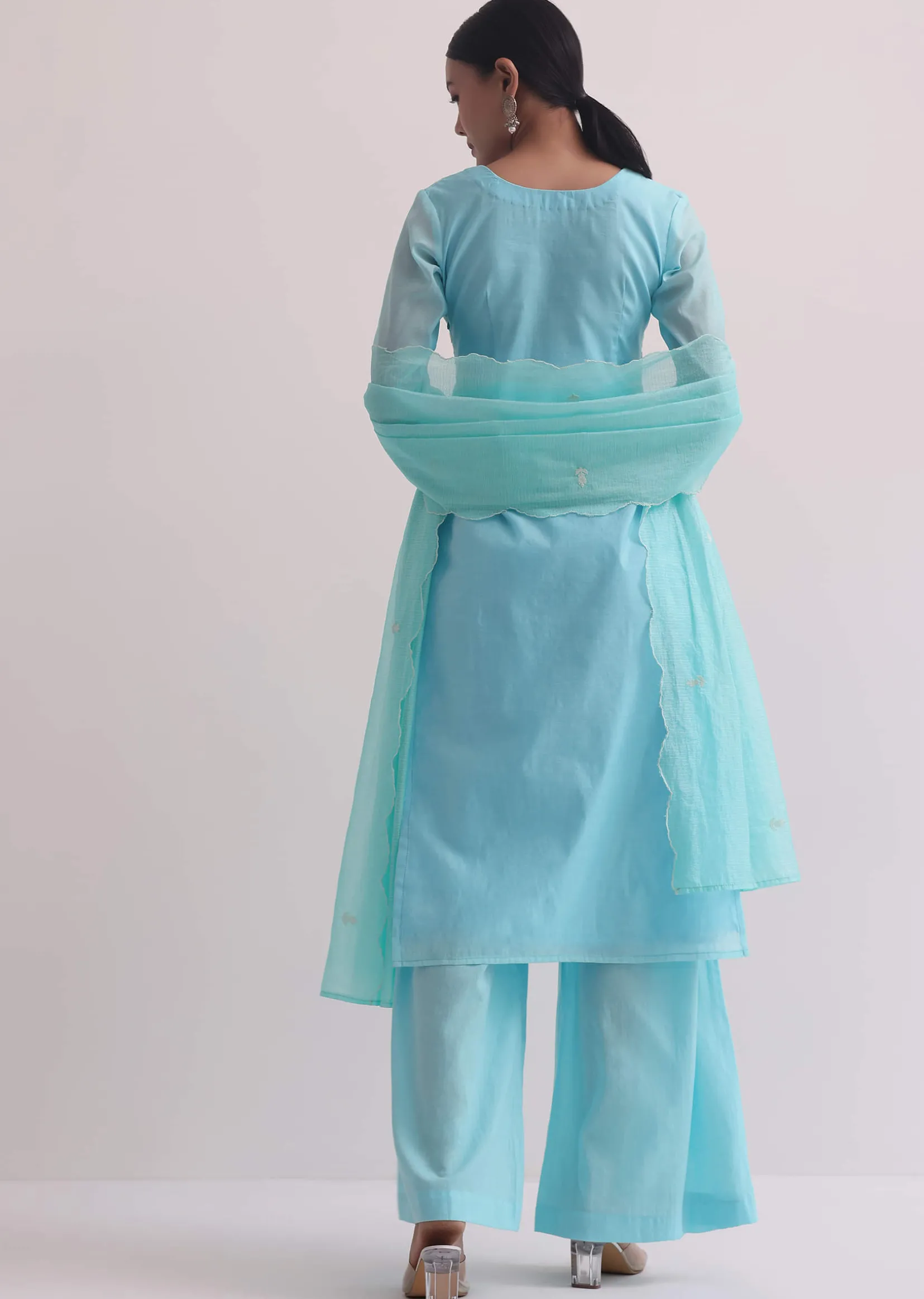 Blue Chanderi Patchwork Palazzo Set With Lace Trims