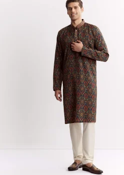 Blue Chanderi Printed Kurta Set With Mandarin Collar