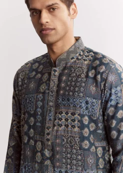 Blue Chanderi Printed Kurta Set With Stone Sequins And Cutdana