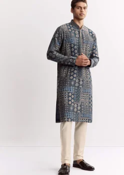 Blue Chanderi Printed Kurta Set With Stone Sequins And Cutdana