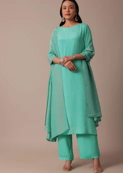 Blue Chiffon Pant Set With Sequin Work Kurta