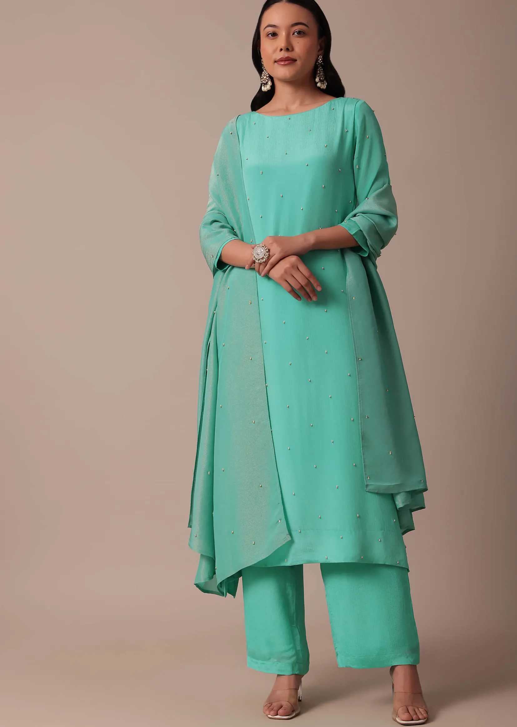 Blue Chiffon Pant Set With Sequin Work Kurta