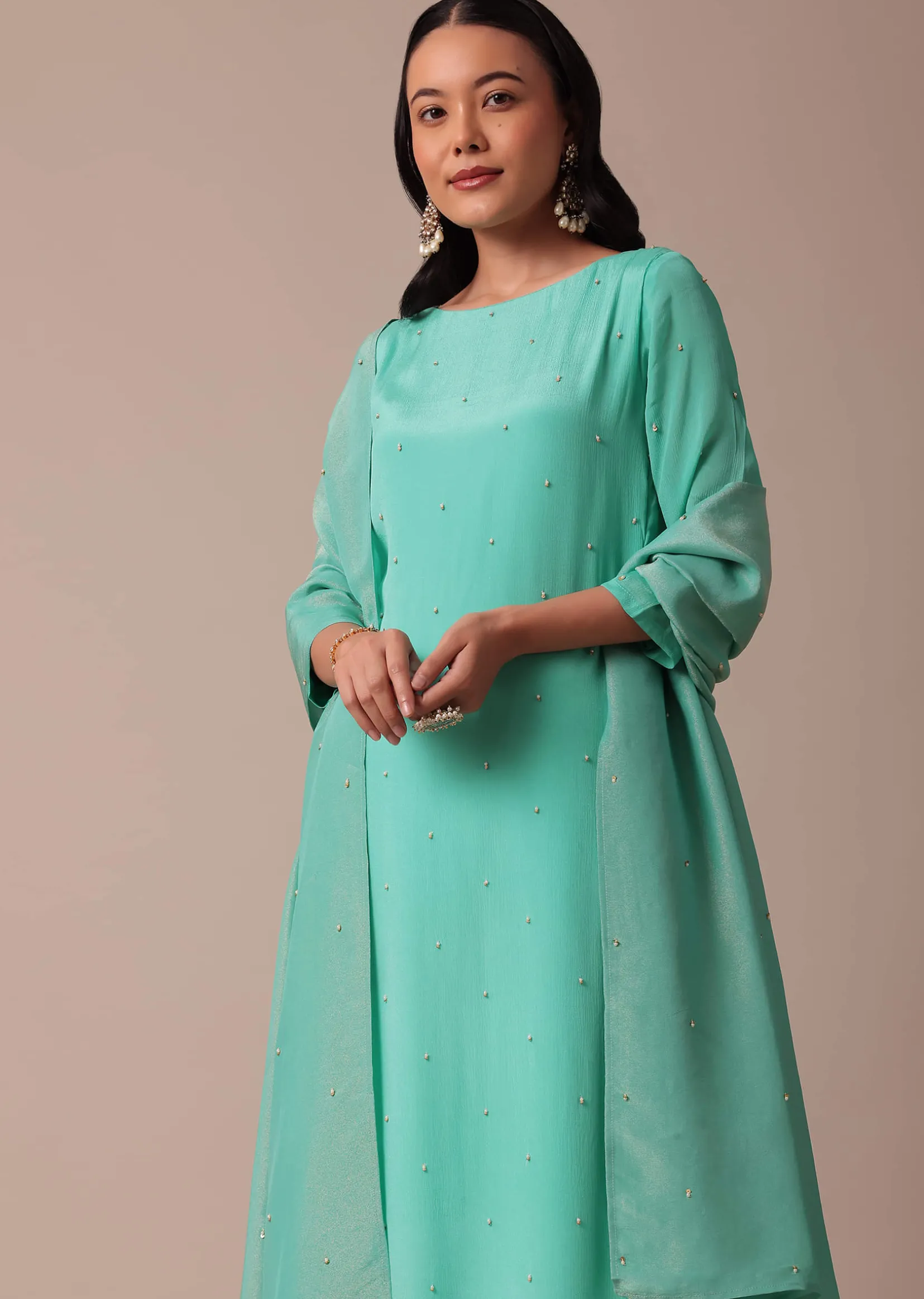 Blue Chiffon Pant Set With Sequin Work Kurta