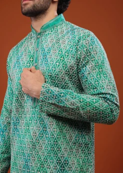 Blue Chinon Silk Kurta Set With Thread Embroidery