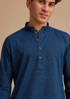 Blue Cotton Denim Micro Printed Kurta Set