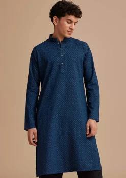Blue Cotton Denim Micro Printed Kurta Set