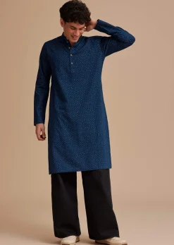 Blue Cotton Denim Micro Printed Kurta Set
