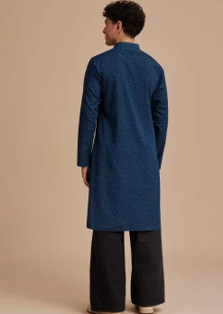 Blue Cotton Denim Micro Printed Kurta Set