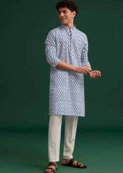 Blue Cotton Ikat Printed Kurta Set