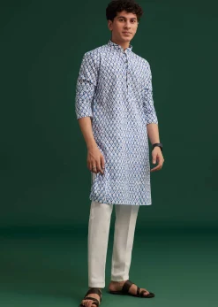 Blue Cotton Ikat Printed Kurta Set