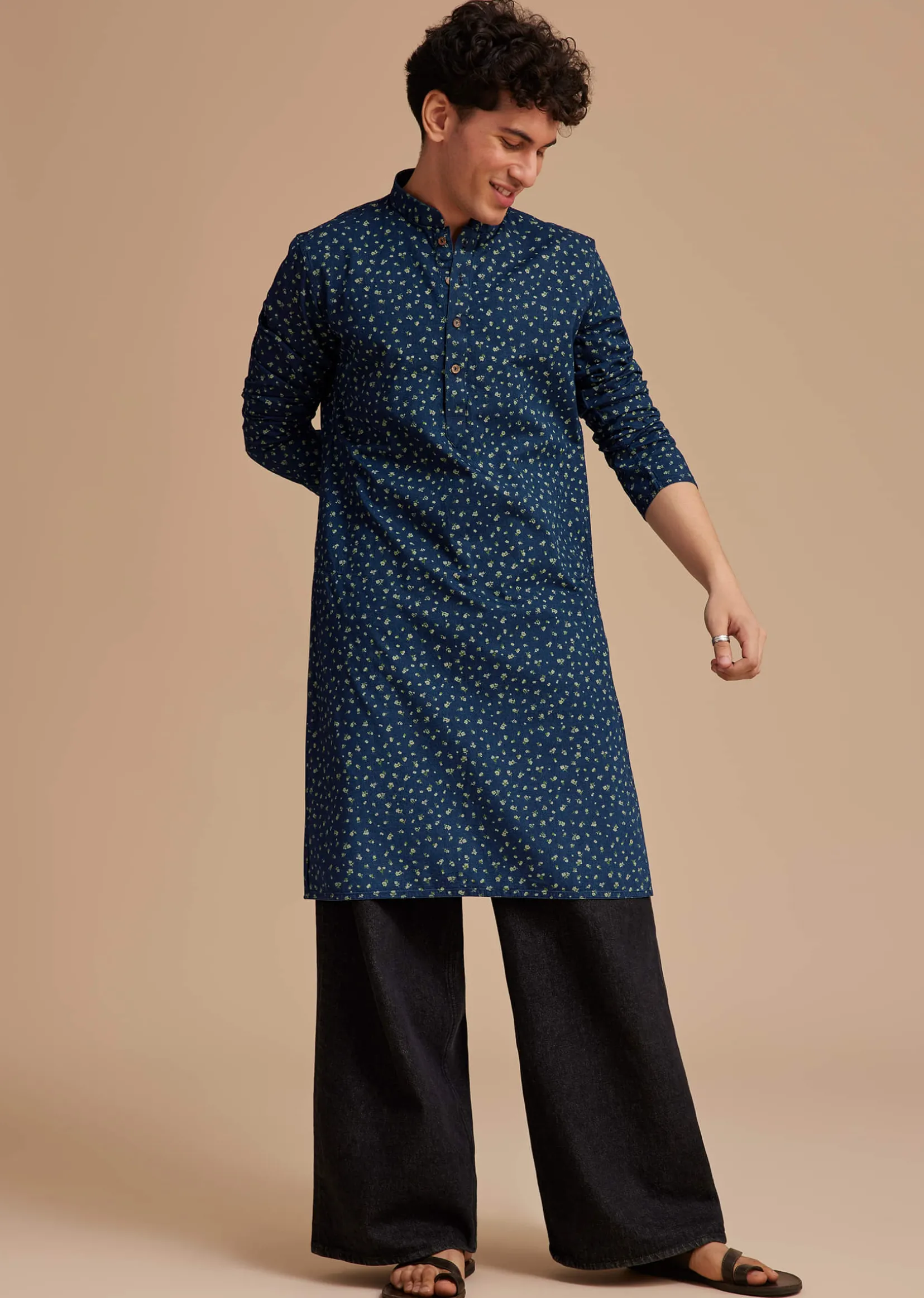 Blue Cotton Micro Printed Kurta Set