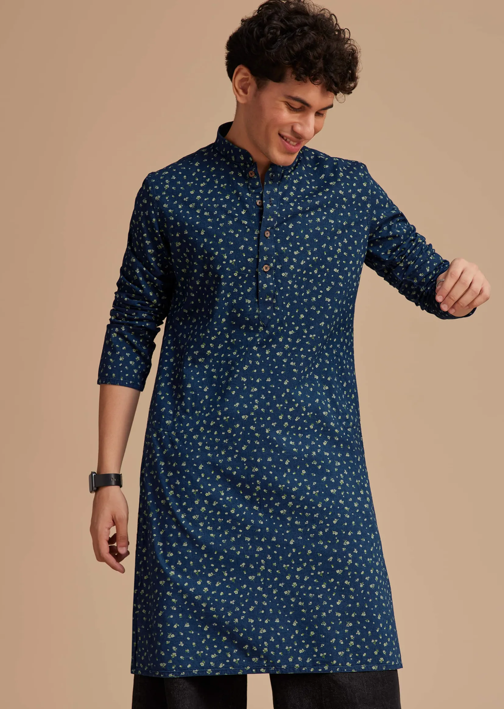 Blue Cotton Micro Printed Kurta Set