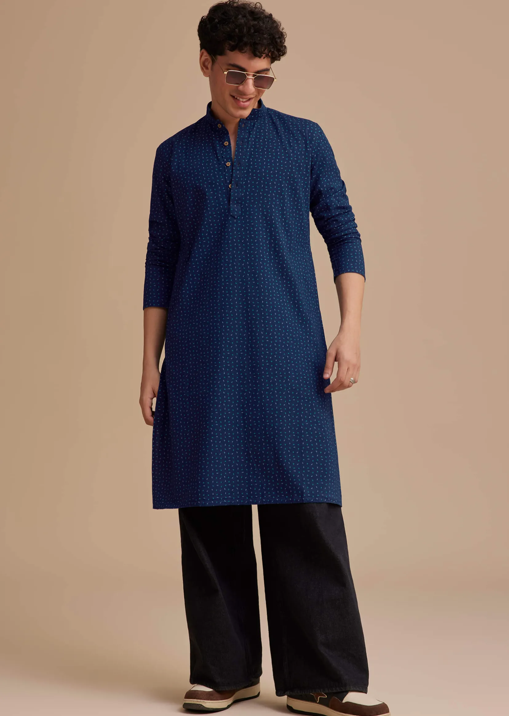 Blue Cotton Printed Kurta Set