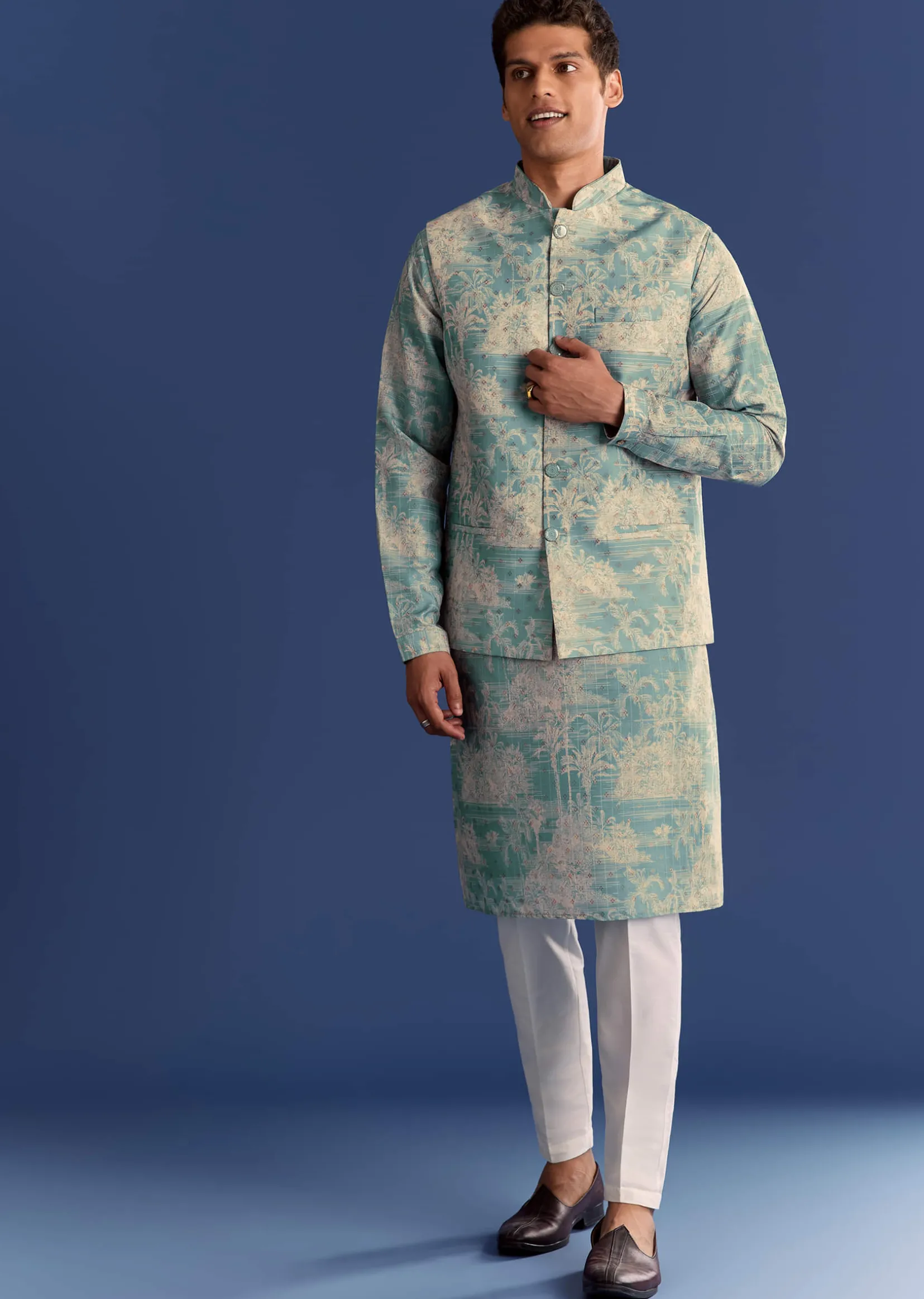 Blue Cotton Silk Kurta Jacket Set With Coastal Print