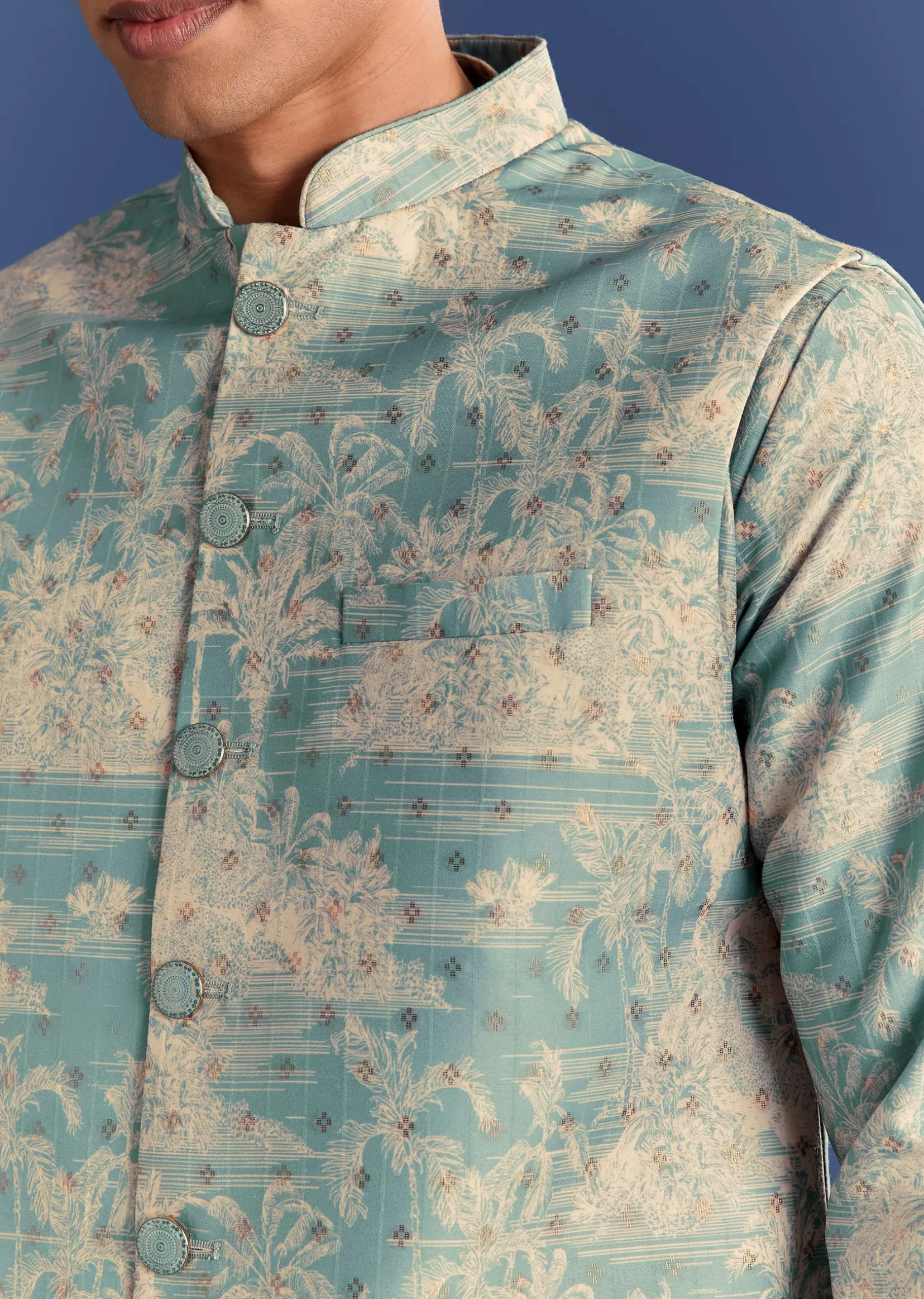 Blue Cotton Silk Kurta Jacket Set With Coastal Print