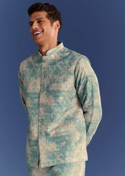 Blue Cotton Silk Kurta Jacket Set With Coastal Print