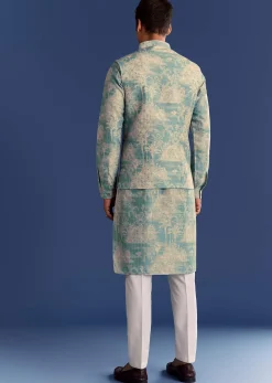 Blue Cotton Silk Kurta Jacket Set With Coastal Print