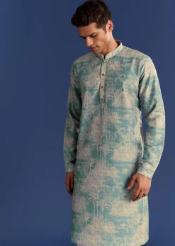 Blue Cotton Silk Kurta Jacket Set With Coastal Print