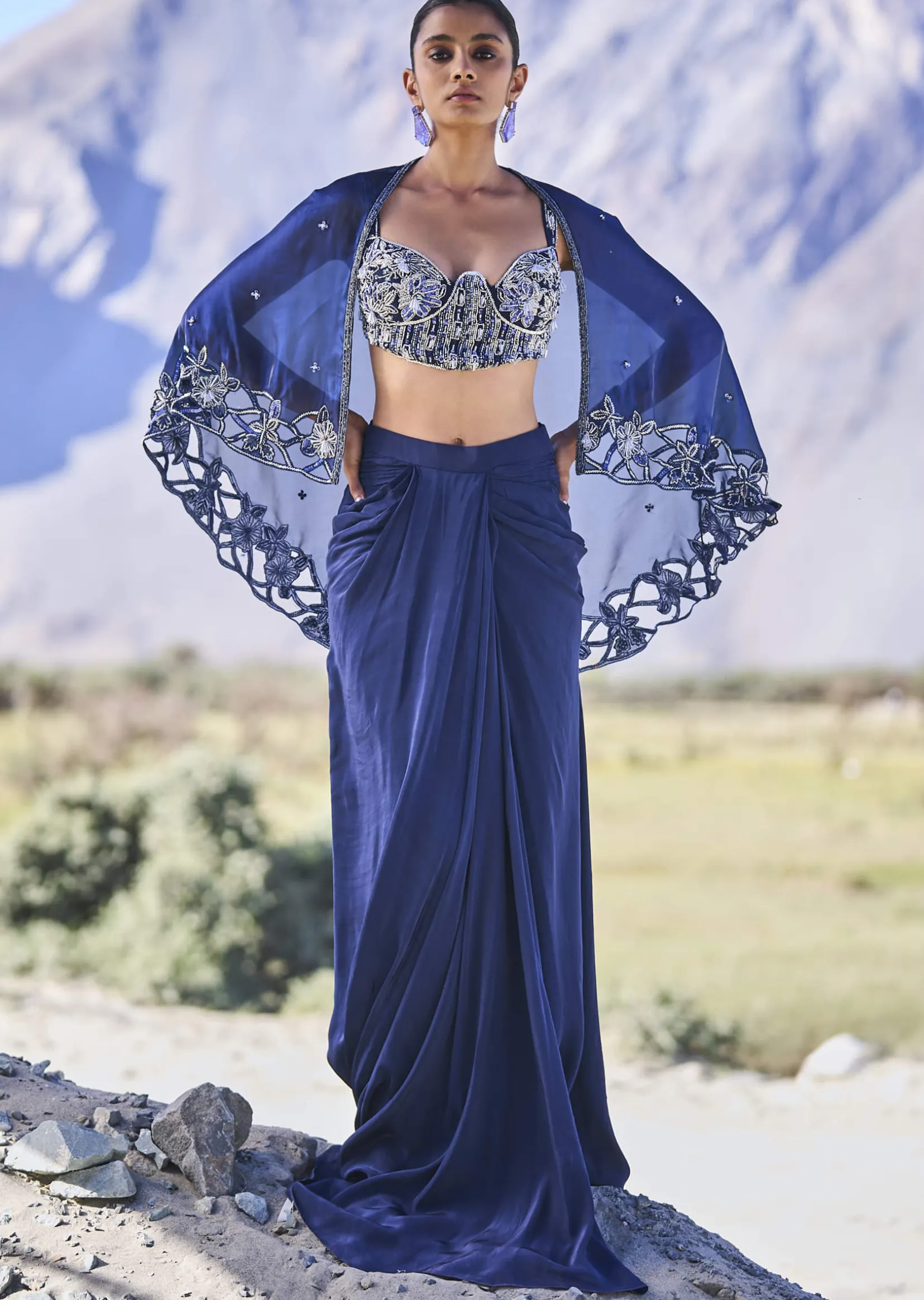 Blue Crepe Draped Skirt With Embroidered Blouse And Cape